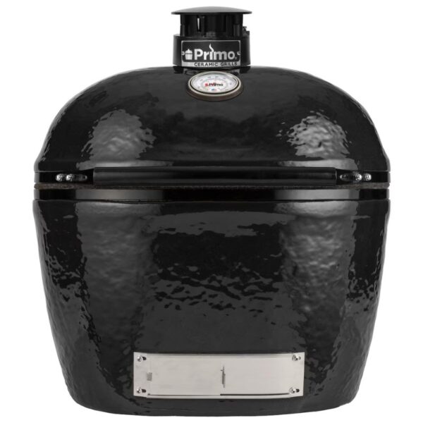 Primo Ceramic Grill in black, showcasing a durable ceramic design with a temperature gauge on the lid, ideal for outdoor cooking and grilling enthusiasts.
