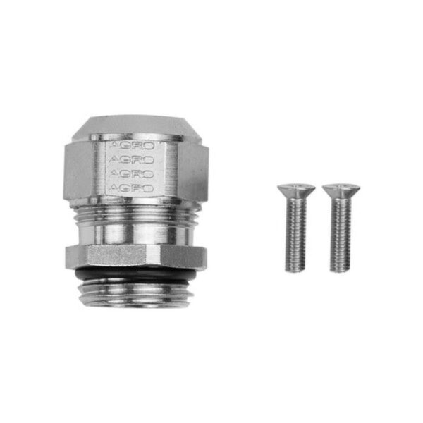 Stainless steel connector fitting with rubber O-ring and two screws for secure installation. Ideal for plumbing and mechanical applications.