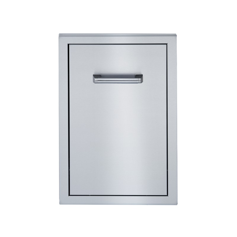 Stainless steel outdoor kitchen access door with sleek handle for easy access.
