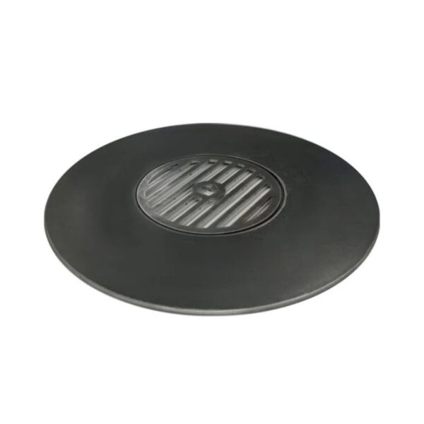 Black round grill cover with a central raised section and slotted design for ventilation, suitable for outdoor cooking equipment.