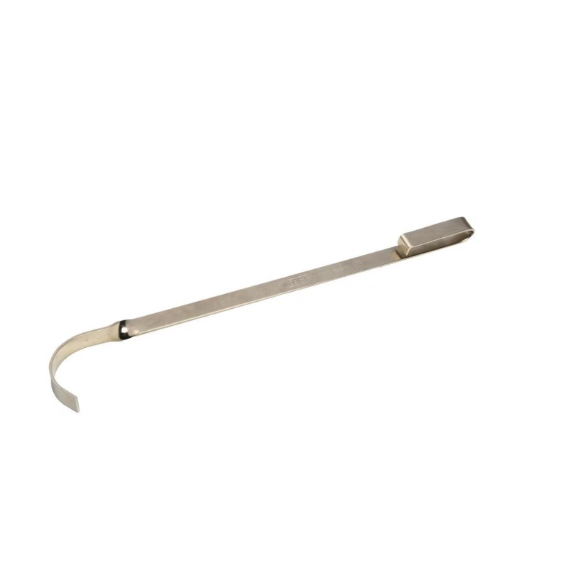 Stainless steel hook tool with a flat end, designed for lifting and moving heavy objects in various applications.