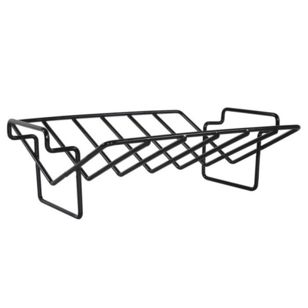 Black metal dish rack with a modern design for drying dishes and utensils.