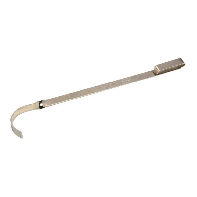 Stainless steel pry bar tool with a curved end for lifting and prying objects. Ideal for construction and DIY projects.
