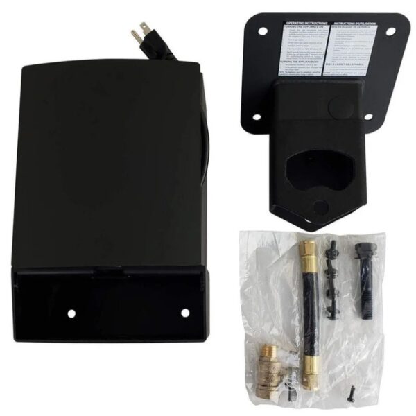 Black electric mounting bracket kit with installation instructions, including hardware and a hose fitting.