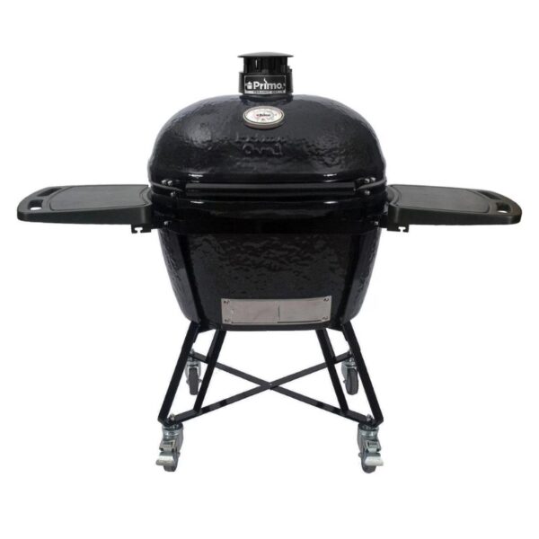 Primo ceramic oval grill with side tables and adjustable vent, ideal for outdoor cooking and grilling.