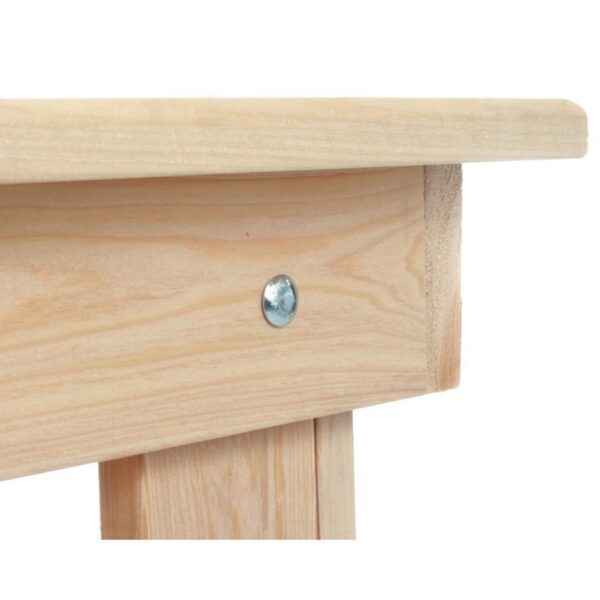 Close-up of a wooden table corner showcasing a metal screw fastening, highlighting craftsmanship and durability. Ideal for furniture detail descriptions.