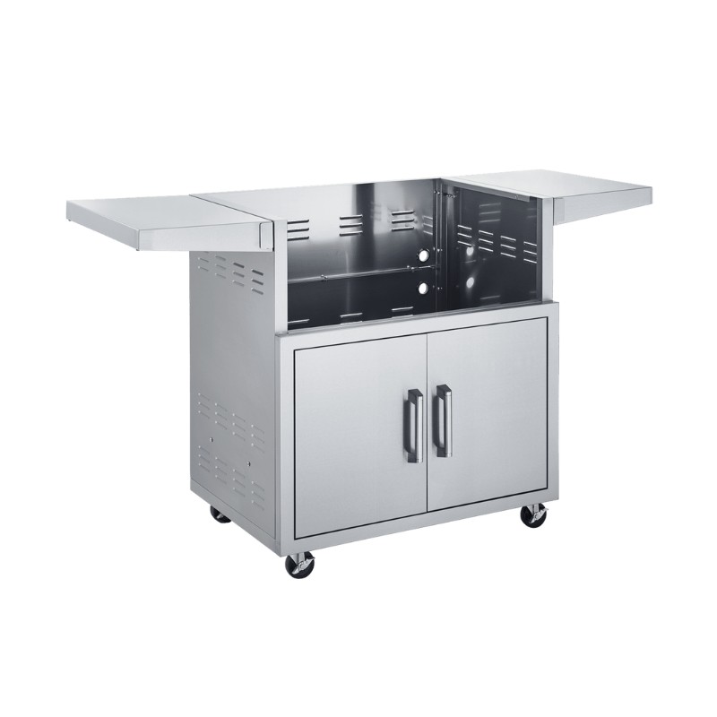Stainless steel outdoor kitchen cart with two foldable side shelves and storage cabinets on wheels, ideal for grilling and food preparation.