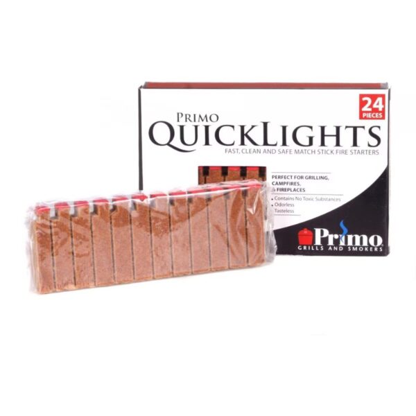 Primo QuickLights fire starters packaging with 24 match stick pieces, designed for safe and efficient lighting of grills, campfires, and fireplaces.