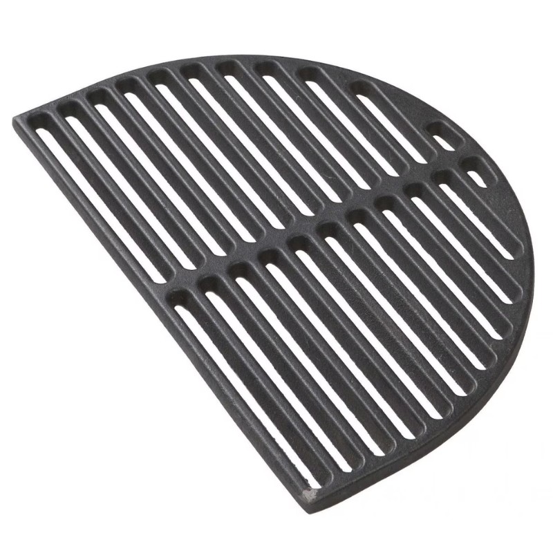 Cast iron grill grate with a half-moon shape, featuring slotted design for even heat distribution and grilling efficiency. Ideal for outdoor cooking and barbecue enthusiasts.