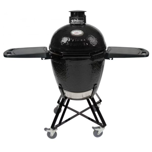 Primo ceramic grill with side shelves, black finish, and mobile base for outdoor cooking. Ideal for grilling, smoking, and baking.