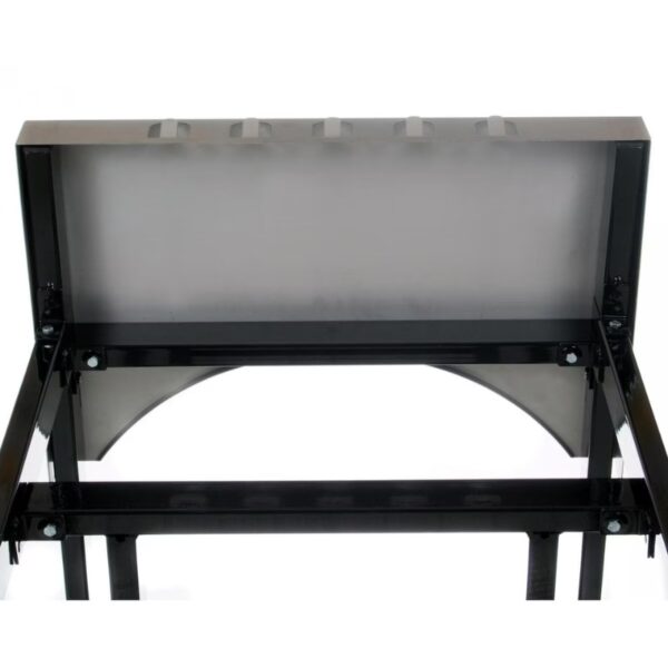 Black metal bench with a hinged lid, showcasing interior storage space and sturdy construction. Ideal for outdoor or indoor use.