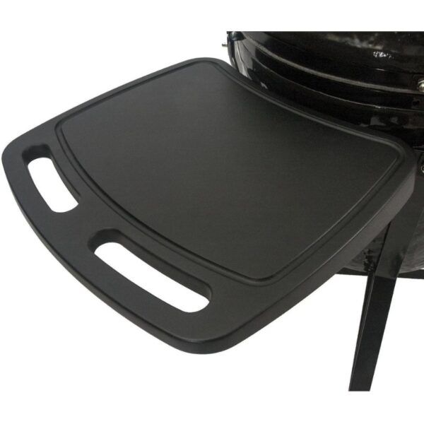 Black grilling prep table attachment with handles, designed for outdoor barbecue grills.
