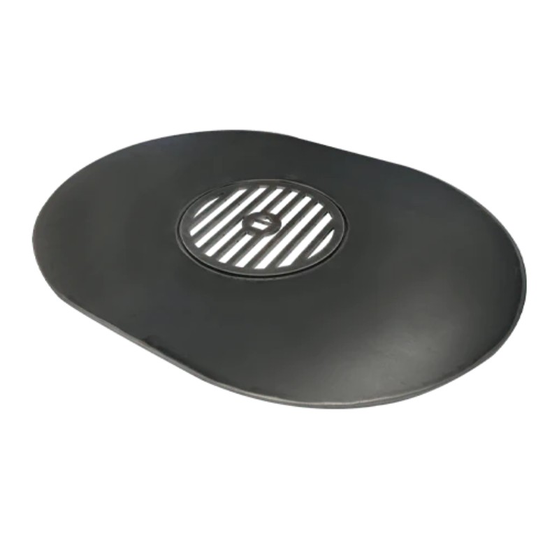 Black round grill cover with a slotted vent in the center, designed for outdoor cooking equipment.
