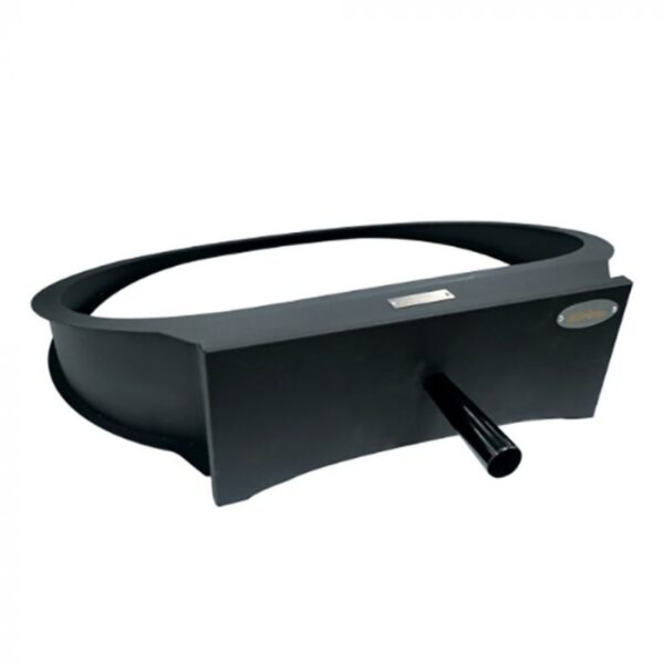 Black oval-shaped water trough with a drainage spout, designed for livestock or gardening use. Durable construction for outdoor environments.