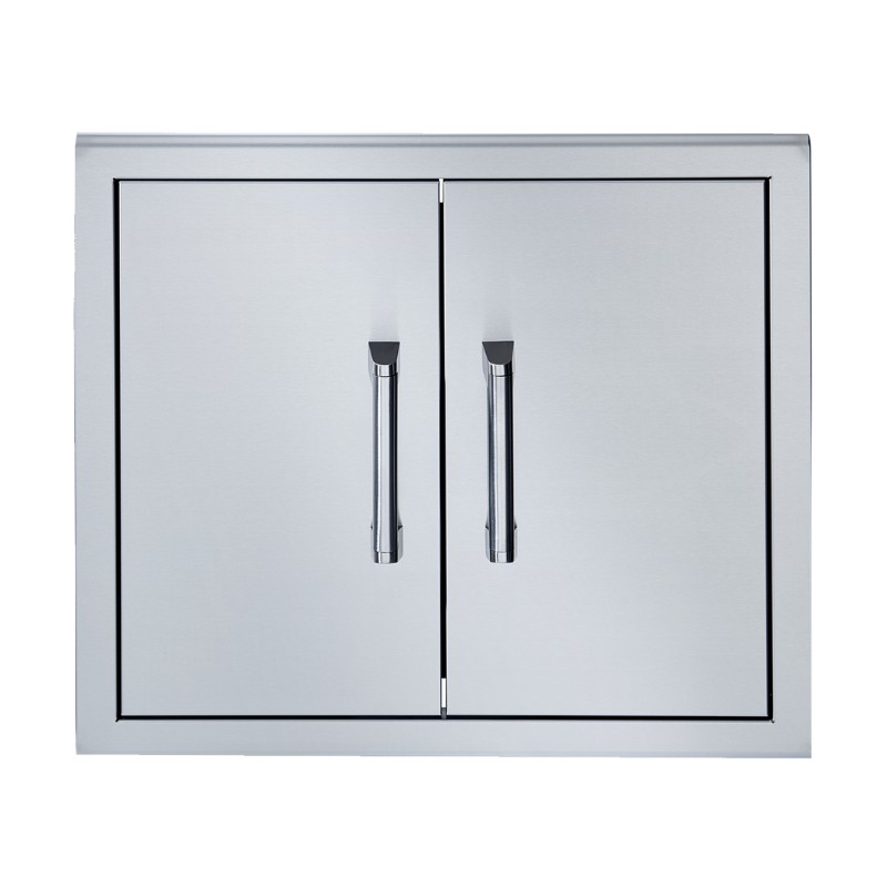 Stainless steel outdoor kitchen cabinet with double doors and sleek handles for storage.