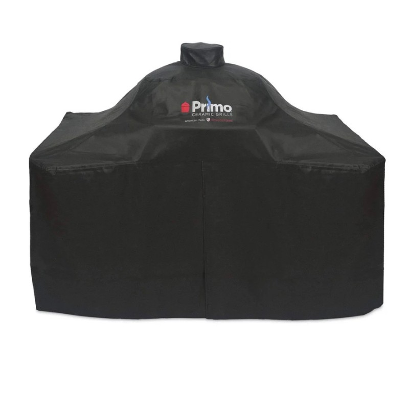 7e476373-8e57-4f80-95f3-5fc922b0d900.jpg Primo ceramic grill cover in black, designed for protection against weather elements and dirt.