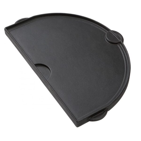 Black half-moon griddle pan with handles, ideal for cooking various dishes evenly on stovetops or grills.
