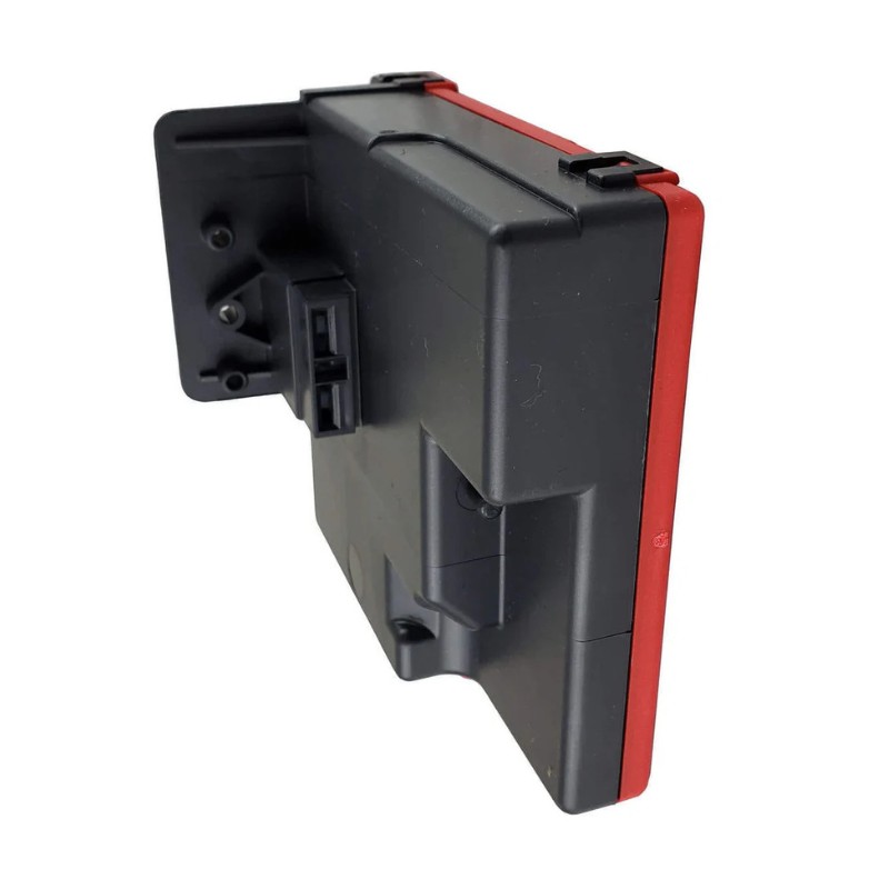 Black and red electronic device with mounting bracket, designed for secure attachment and functionality.