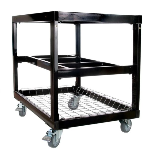 Black metal utility cart with two shelves and wheels for easy mobility, ideal for storage and transport.