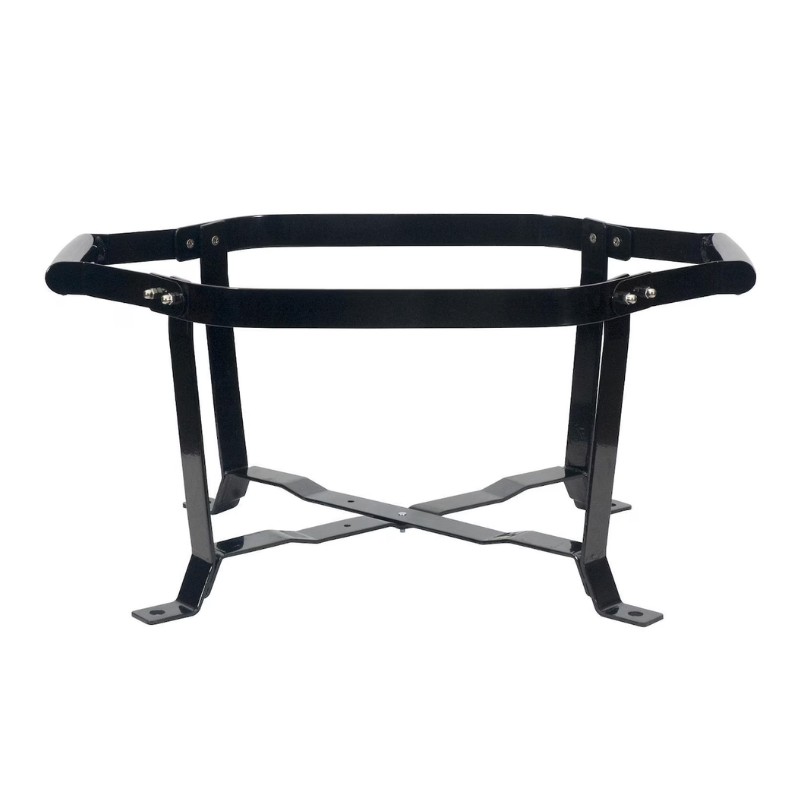 Black metal frame stand for outdoor cooking equipment, designed for stability and durability. Ideal for supporting grills and fire pits.