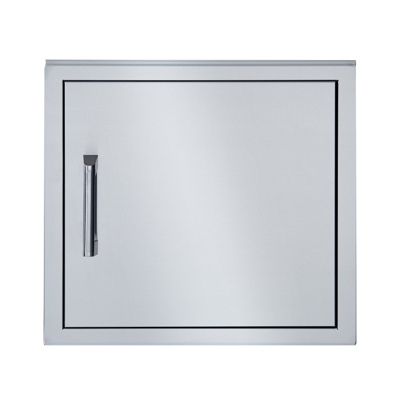 Stainless steel outdoor kitchen access door with sleek handle and modern design.