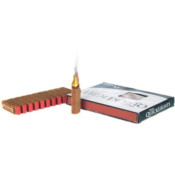 Quicklights fire starters in a box with one ignited brick, ideal for easy and efficient lighting of grills and campfires.