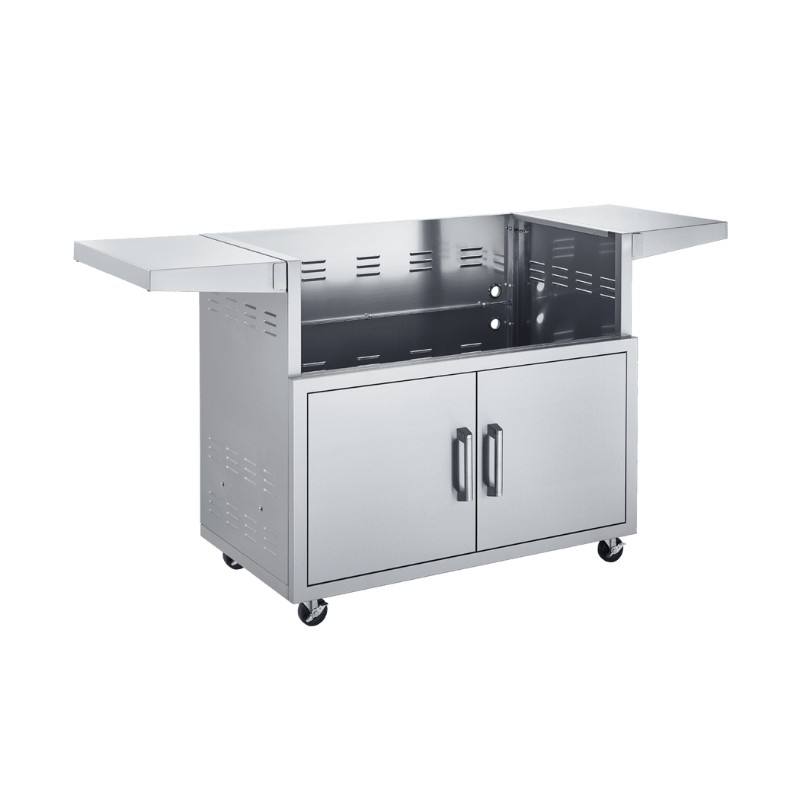Stainless steel outdoor kitchen cart with two foldable side shelves, storage cabinet, and rolling wheels for easy mobility. Ideal for grilling and food preparation.