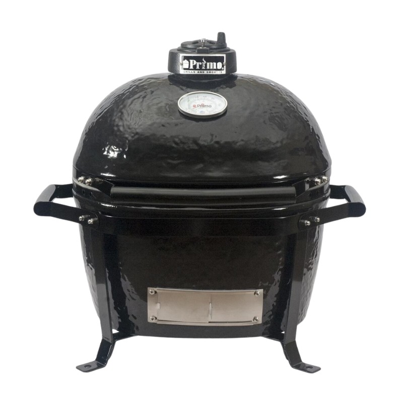Primo ceramic grill in black, featuring a domed lid, temperature gauge, and sturdy handles for easy mobility. Ideal for grilling and smoking enthusiasts.