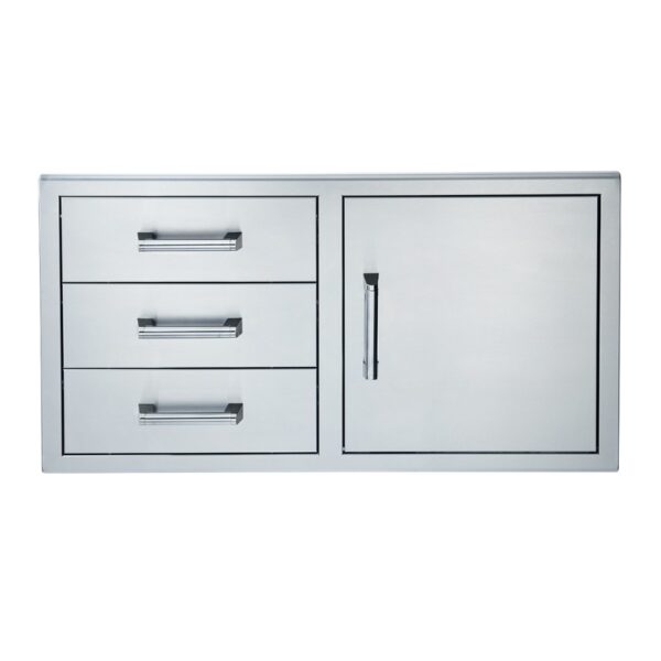 Stainless steel outdoor kitchen cabinet with three drawers and a single door for storage.