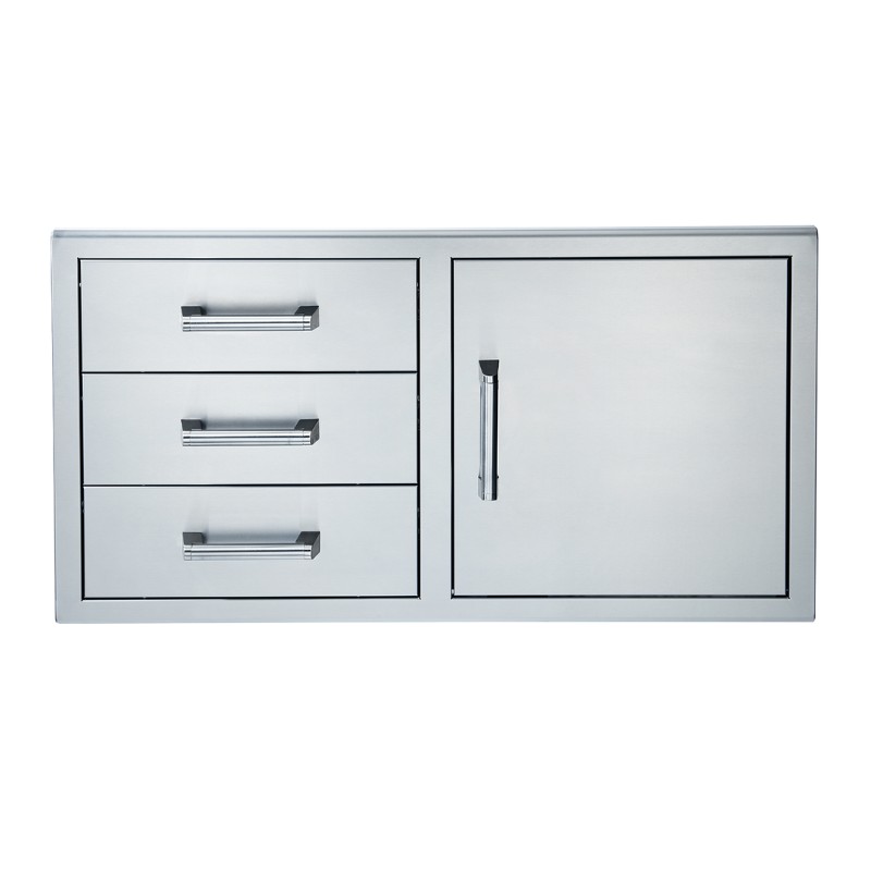 Stainless steel outdoor kitchen cabinet with three drawers and a single door for storage.