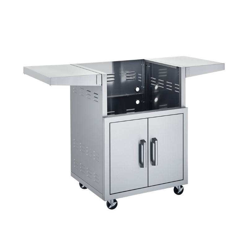 Stainless steel outdoor kitchen cart with foldable side shelves and storage cabinets, designed for versatility and convenience.
