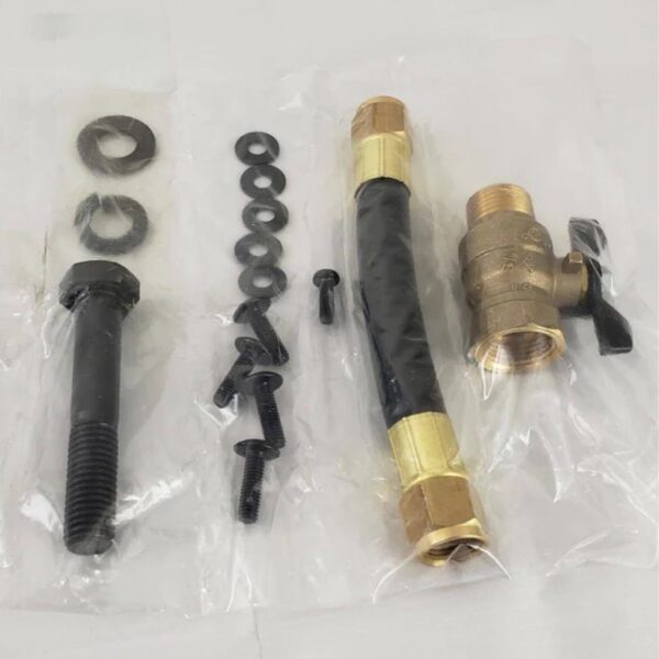 Brass valve assembly kit with bolts, washers, and a flexible hose for plumbing repairs.