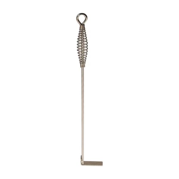 Stainless steel barbecue grill cleaning brush with a spiral handle and flat scraping edge for effective cleaning.