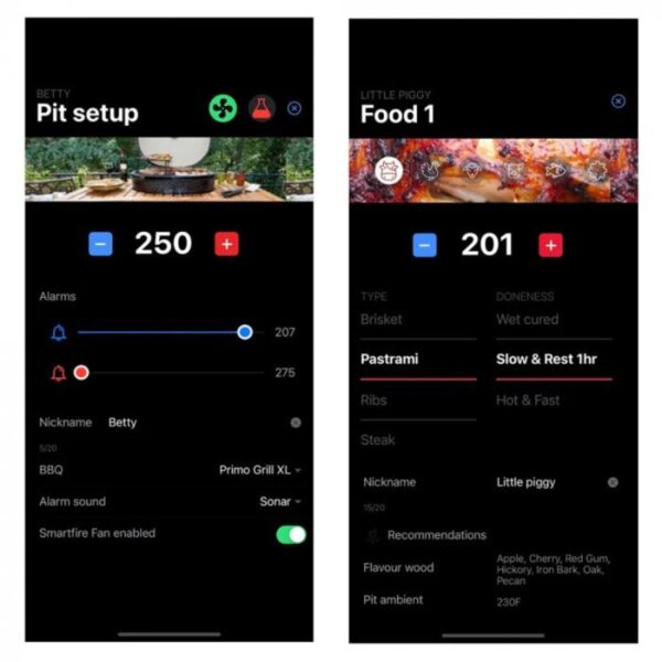 Screenshots of BBQ app interface displaying pit setup and food details, including temperature settings, alarms, and cooking recommendations for pastrami and brisket.