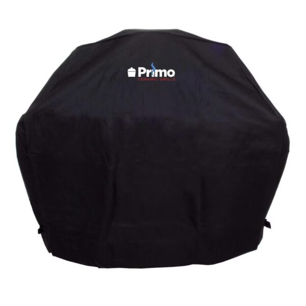 Black grill cover for Primo Ceramic Grills, featuring the brand logo prominently displayed.