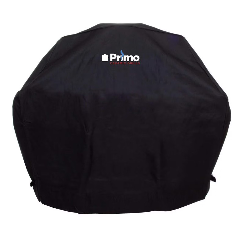 9f76ec5f-d912-4523-8fbf-6c24e5dde20b.jpg Black grill cover for Primo Ceramic Grills, featuring the brand logo prominently displayed.