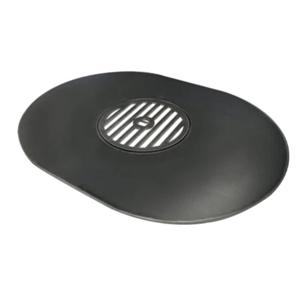 Black grill cover with a central vent for heat and smoke circulation, designed for outdoor cooking.