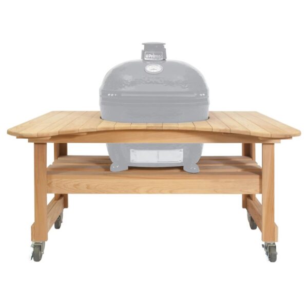 Primo ceramic grill on a wooden cart with wheels, designed for outdoor cooking and grilling.