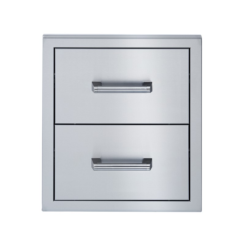 Stainless steel outdoor kitchen drawer unit with two pull-out drawers and modern handles. Ideal for storing grilling accessories and utensils.