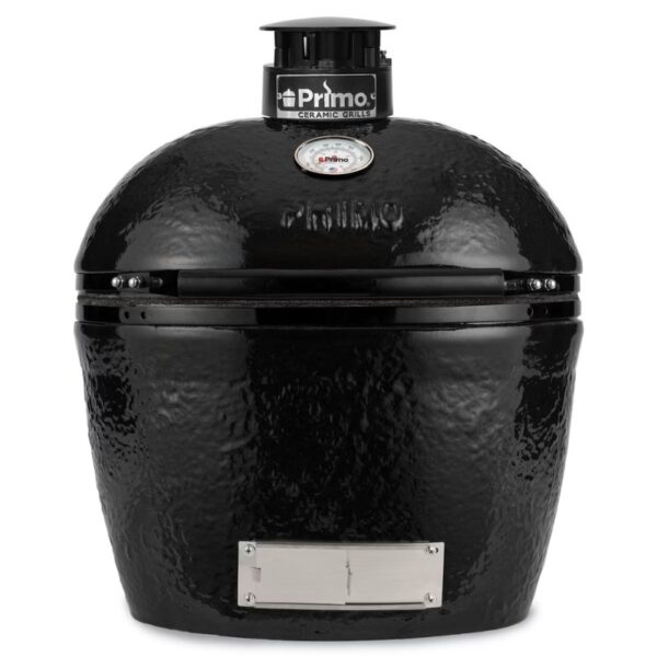 Primo ceramic grill in sleek black finish, featuring a dome shape, temperature gauge, and adjustable vent for precision cooking. Ideal for outdoor grilling and smoking.