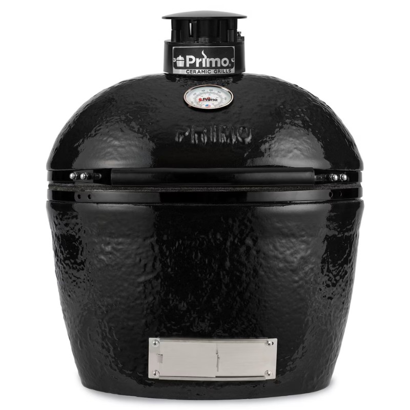 a8dd5b61-5936-4b8a-9da1-dacd082c8127.jpg Primo ceramic grill in sleek black finish, featuring a dome shape, temperature gauge, and adjustable vent for precision cooking. Ideal for outdoor grilling and smoking.