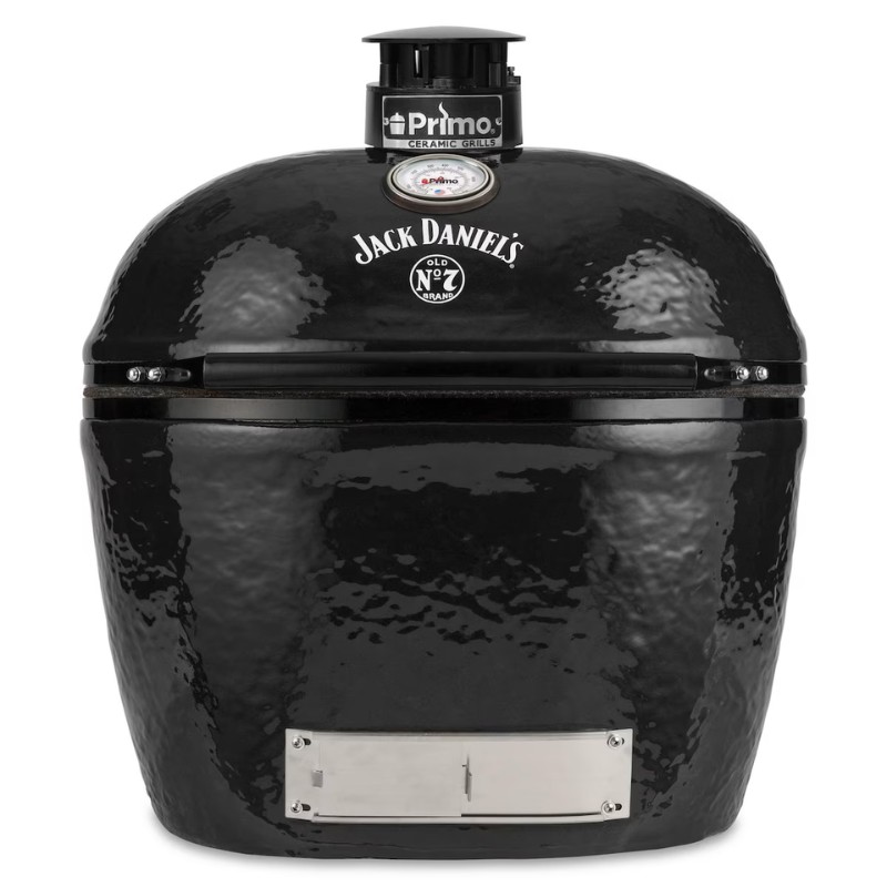 Jack Daniel's Primo ceramic grill with a sleek black finish, featuring a prominent logo and adjustable top vent for precise temperature control. Ideal for outdoor cooking and barbecuing.
