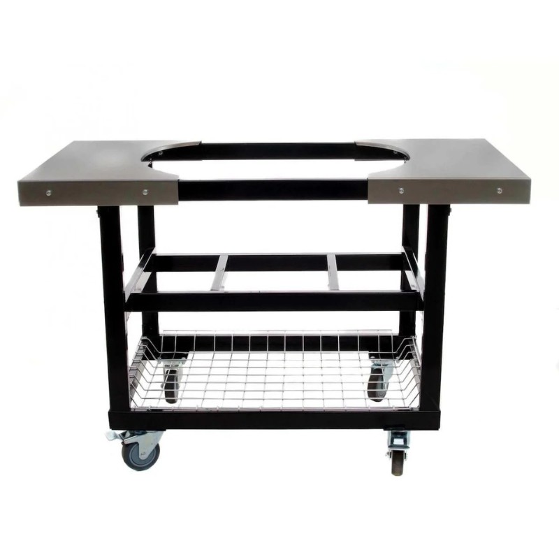 aacb616b-86d4-436e-8655-fd17fdce1dd6.jpg Metal utility cart with a circular cutout on top, featuring a sturdy frame, a lower wire shelf, and four wheels for easy mobility.