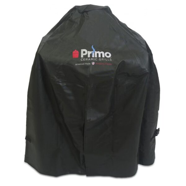 Primo Ceramic Grills protective cover in black, designed to shield grills from the elements, featuring the Primo logo prominently displayed.