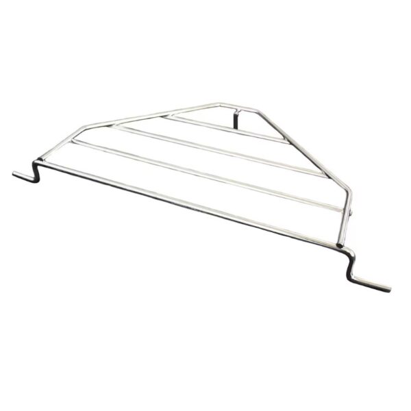 Stainless steel triangular grill rack for cooking, designed for even heat distribution and durability. Ideal for outdoor grilling and barbecues.