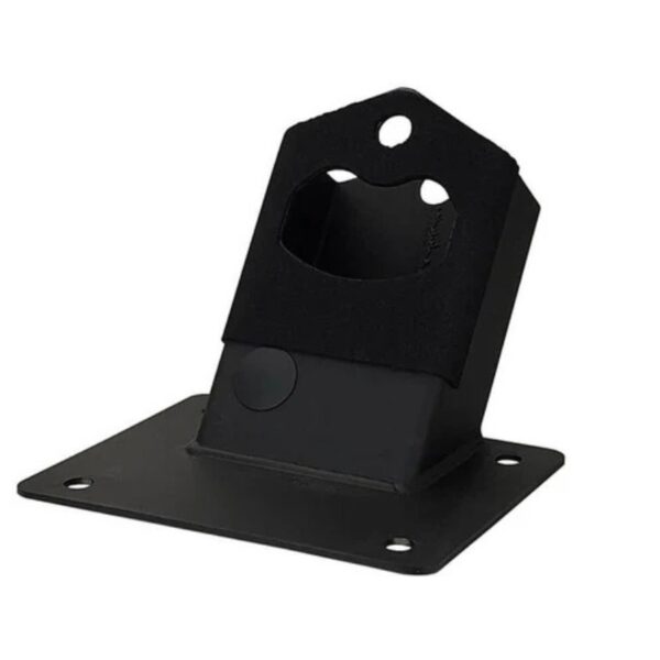 Black metal bracket with a cutout for secure mounting, designed for various applications. Ideal for stabilizing equipment or accessories.