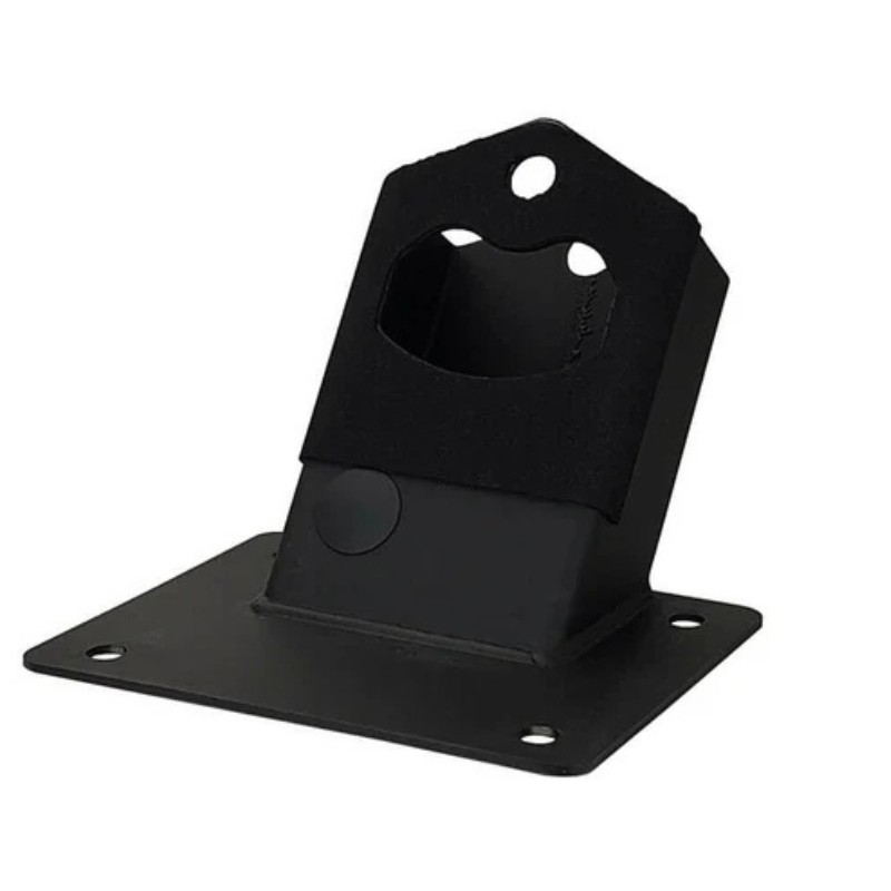 Black metal bracket with a cutout for secure mounting, designed for various applications. Ideal for stabilizing equipment or accessories.