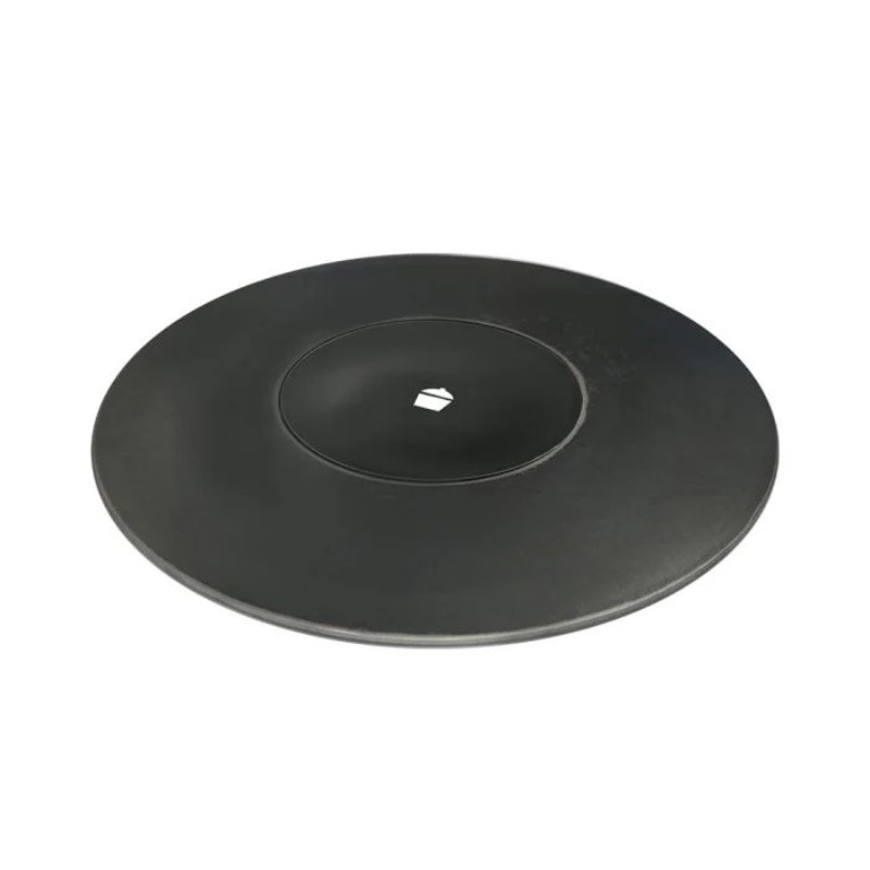 Black ceramic serving platter with a smooth, round design and a central dip for sauces or dips. Ideal for entertaining and serving appetizers.
