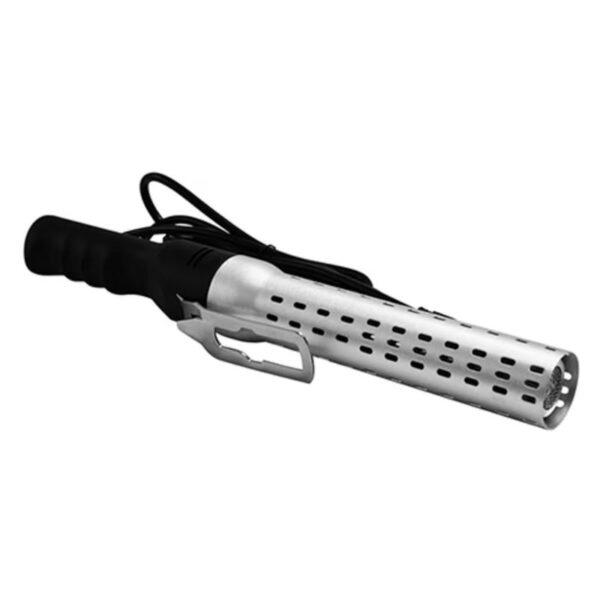 Electric heat gun for grilling, featuring a metallic body with ventilation holes and a comfortable grip handle. Ideal for outdoor cooking and barbecue preparation.