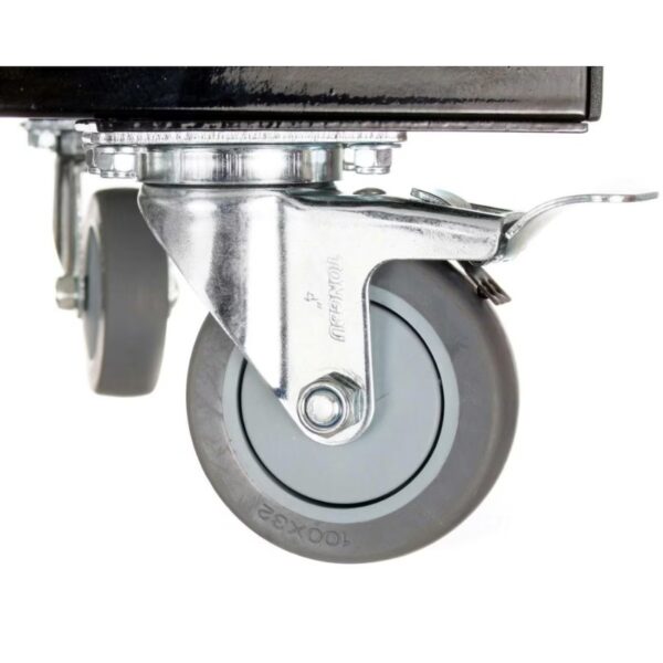Close-up of a heavy-duty swivel caster wheel with a metal bracket, designed for smooth mobility on various surfaces.
